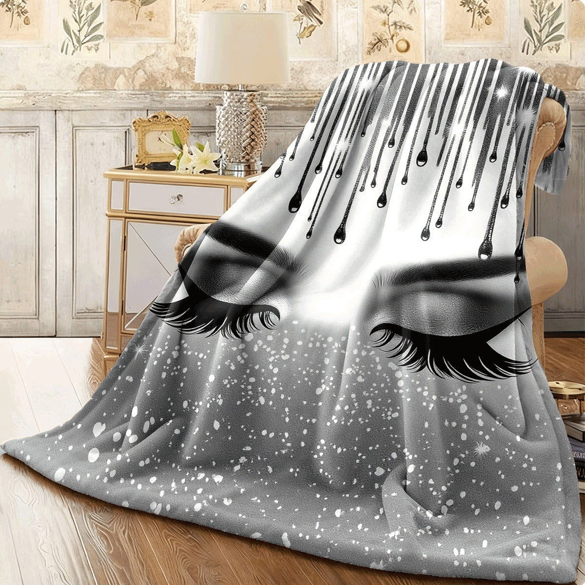 Fluffy Blanket, Shiny Silvery Eyelashes Print White Throw Blanket, Barefoot Bream Blanket, for Sofa Living Room Room Decoration, Winter Warm Blanket, 1pc