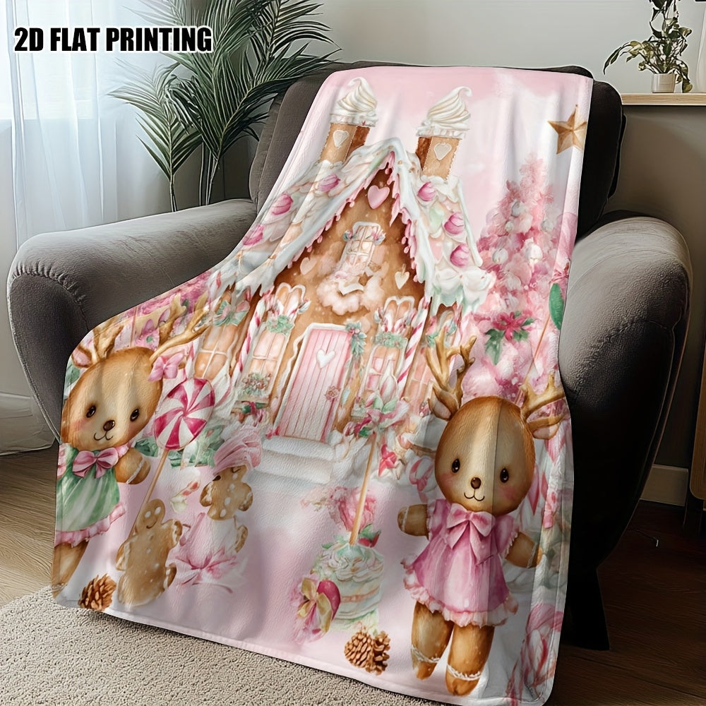 1pc Gingerbread House and Cute Bear Pink Themed Flannel Large Blanket, Christmas Winter Decorative Design, Large Plush Throw Blanket, Suitable for Weekend Sofa Naps, Home Naps, Dorm Life