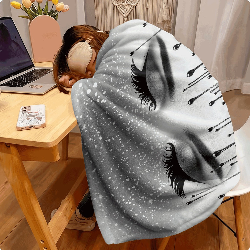 Fluffy Blanket, Shiny Silvery Eyelashes Print White Throw Blanket, Barefoot Bream Blanket, for Sofa Living Room Room Decoration, Winter Warm Blanket, 1pc