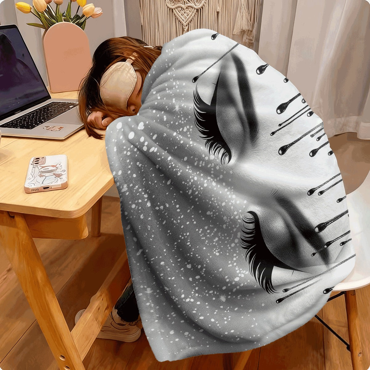 Fluffy Blanket, Shiny Silvery Eyelashes Print White Throw Blanket, Barefoot Bream Blanket, for Sofa Living Room Room Decoration, Winter Warm Blanket, 1pc