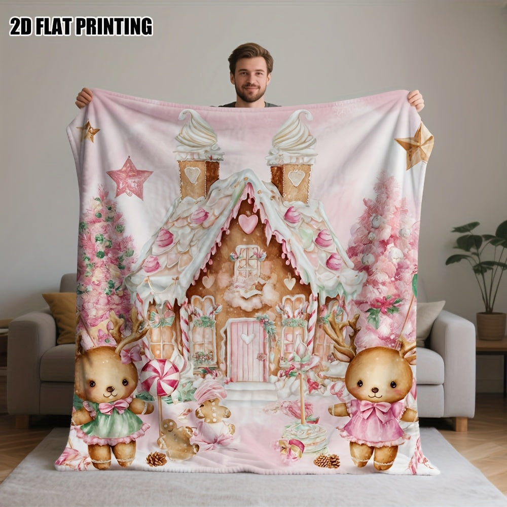 1pc Gingerbread House and Cute Bear Pink Themed Flannel Large Blanket, Christmas Winter Decorative Design, Large Plush Throw Blanket, Suitable for Weekend Sofa Naps, Home Naps, Dorm Life