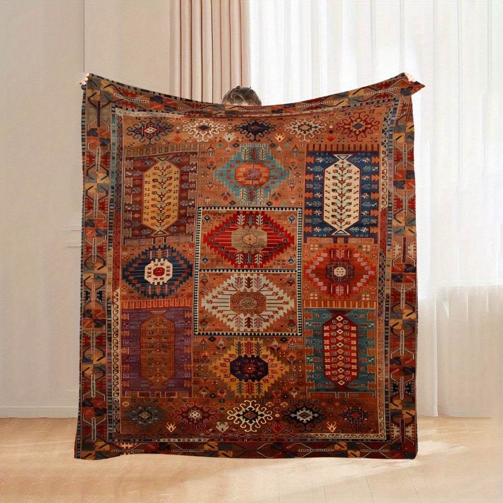 A Bohemian Geometric Patterned Fleece Blanket - Suitable for All Seasons, Soft And Warm, Perfect for Camping, Travel, Car, And Office Use - Machine Washable, Comfortable Home Decor, Vibrant Colors, Exquisite Pattern Craftsmanship, Modern Style