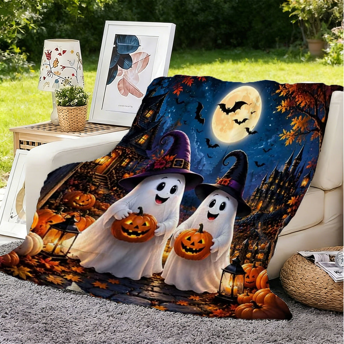 1pc Halloween Fleece Blanket, Soft Comfortable Throw Blanket with Pumpkin Ghost Bat Moon Pattern, Suitable for Office, Sofa, Living Room, Warm Decorative Item, Home Holiday Decor Gift