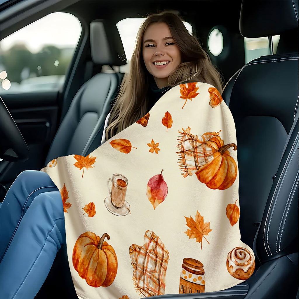 1pc Watercolor Autumn Pumpkin Maple Leaf Dessert Outdoor Blanket, Ideal Warm Throw Blanket, Family Gift, Birthday Gift, Halloween Gift, Christmas Gift, Thanksgiving Gift,  Gift, Can Be Given as a Gift Blanket to Best Friends, Outdoor Blanket