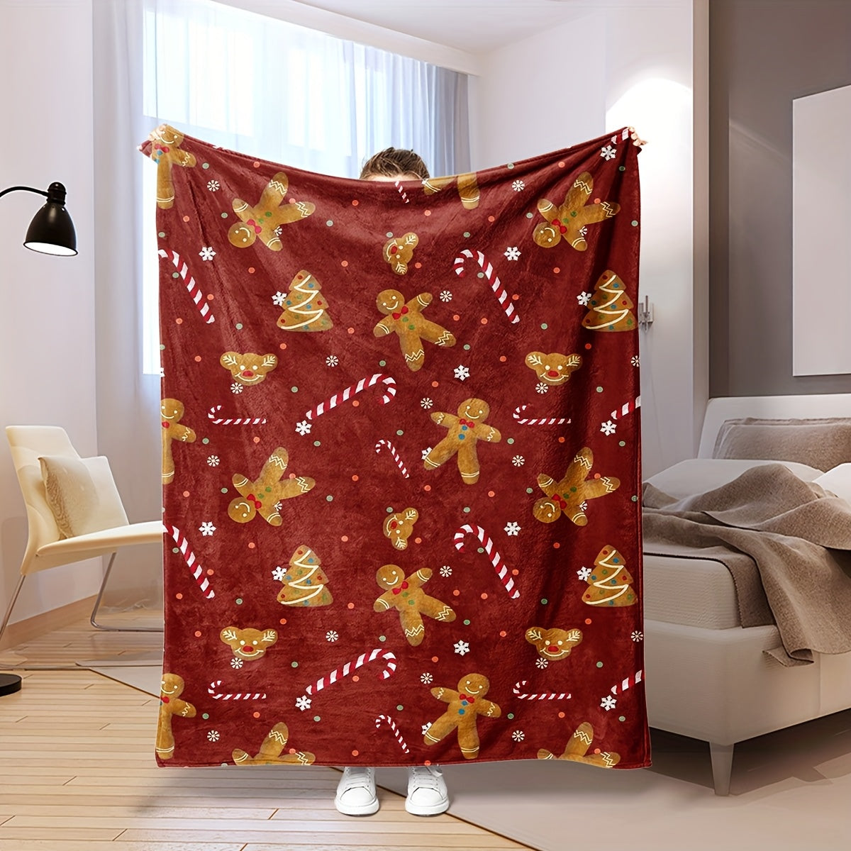 1pc Christmas Gingerbread Man And Candy Cane Red Background Flannel Blanket, Soft Comfortable Warm, Red Festive Design, Durable Plush, All-Season Bed Blanket, Warm Cover, Multiple Sizes Available, Suitable for Living Room Sofa, Bedroom Bed