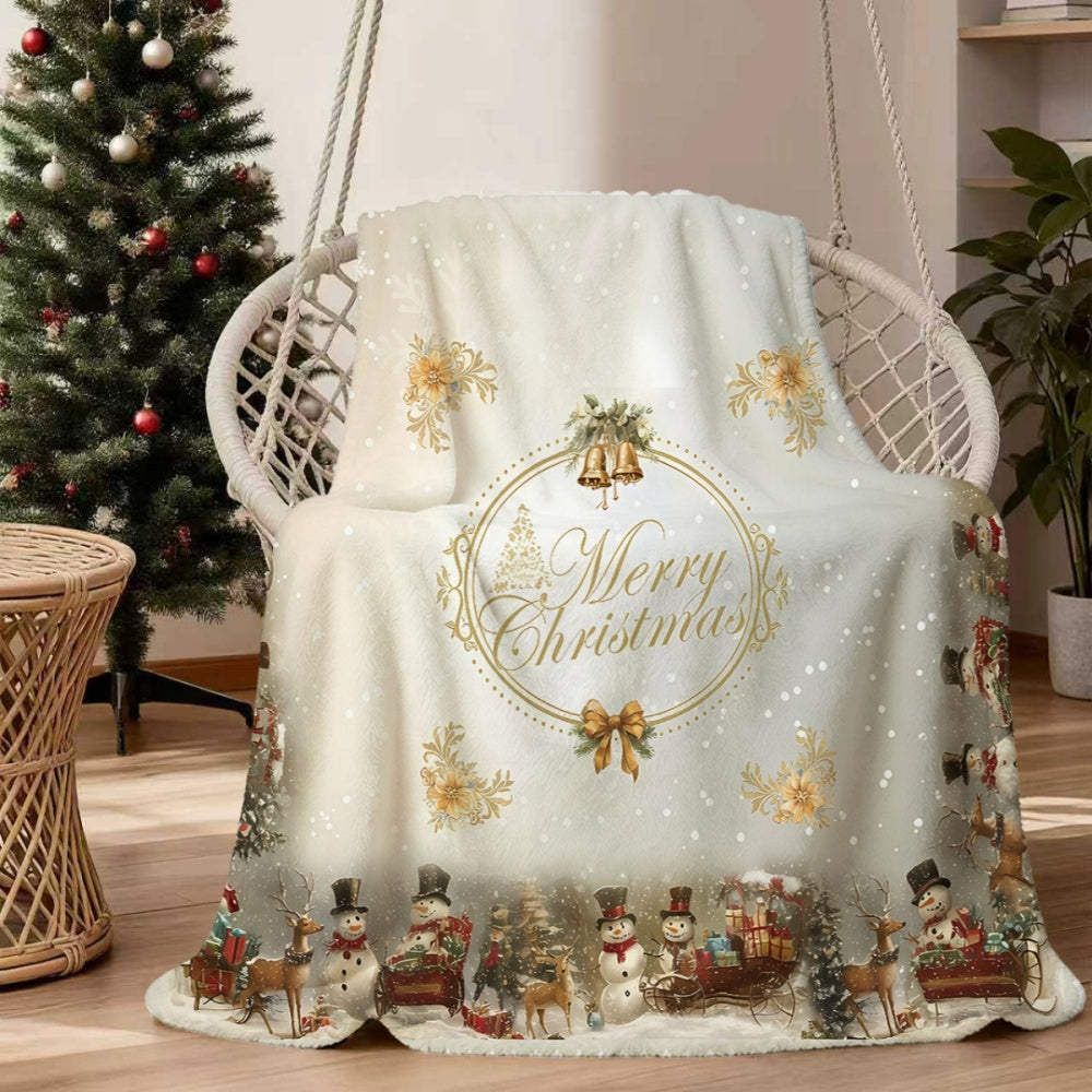 1pc, 1 Christmas Snowman with Bells and Golden Floral Pattern Flannel Blanket, Soft, Comfortable, and Warm, White Romantic Design, Durable Plush Surface, All-season Universal Sofa Blanket, Thermal Throw Blanket, Multiple Sizes Available