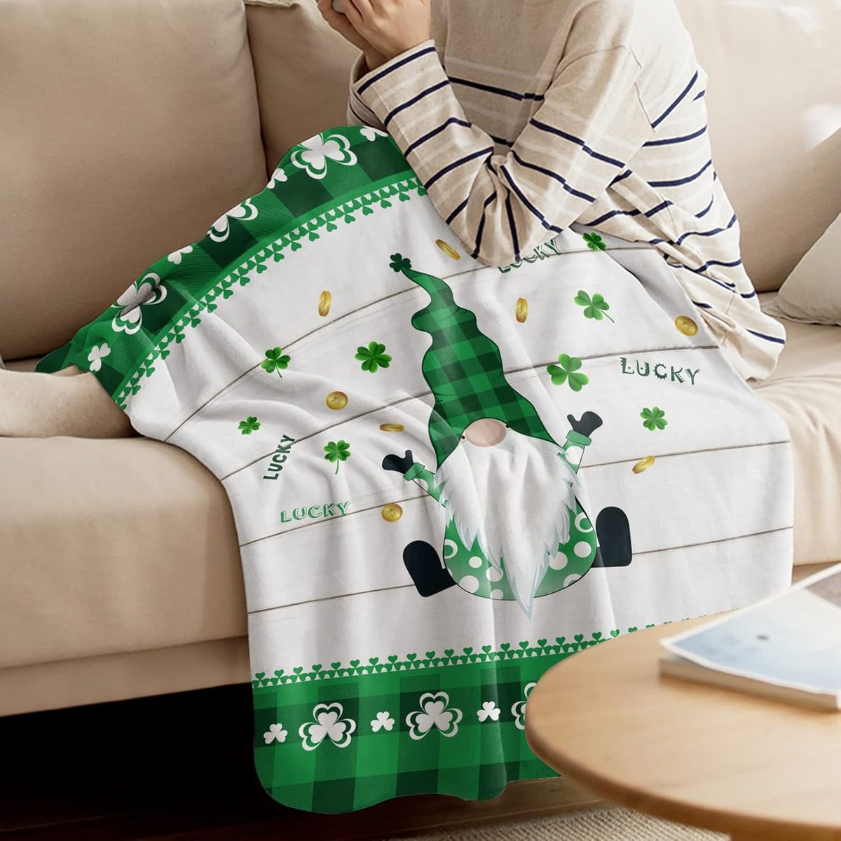 Vandarllin St. Patrick'S Day Gnomes Clover Throw Blankets, Irish Green Buffalo Check Plaid Clover Soft Flannel Blanket Decorative for Home Sofa Couch Chair Living Bedroom, 60X80 Inches, Spring Holiday