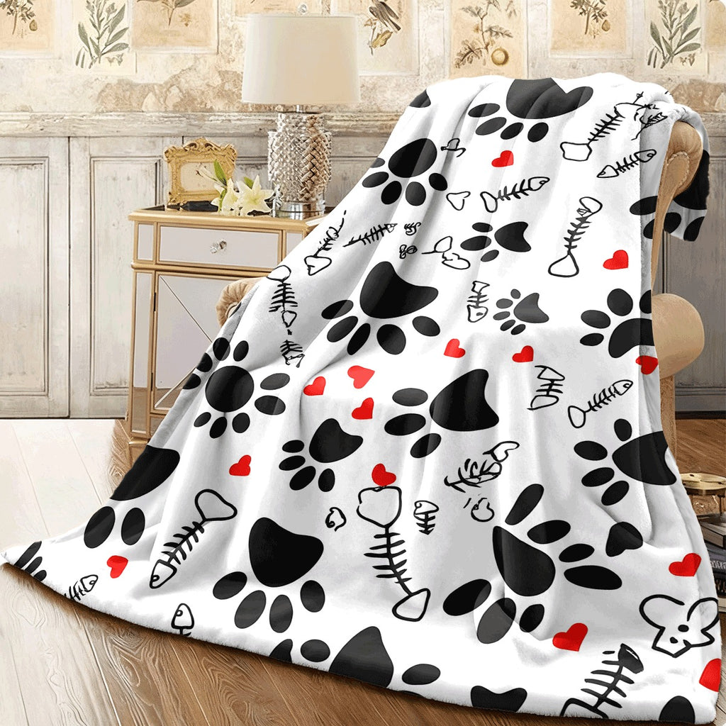 1pc Cat & Dog Paw Print Flannel Blanket Cute Black Paw Prints Red Hearts & Skeleton Patterns Soft All-Season Throw for Couch Pet Lover Gift Decor