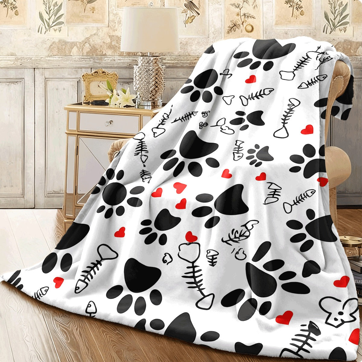1pc Cat & Dog Paw Print Flannel Blanket Cute Black Paw Prints Red Hearts & Skeleton Patterns Soft All-Season Throw for Couch Pet Lover Gift Decor