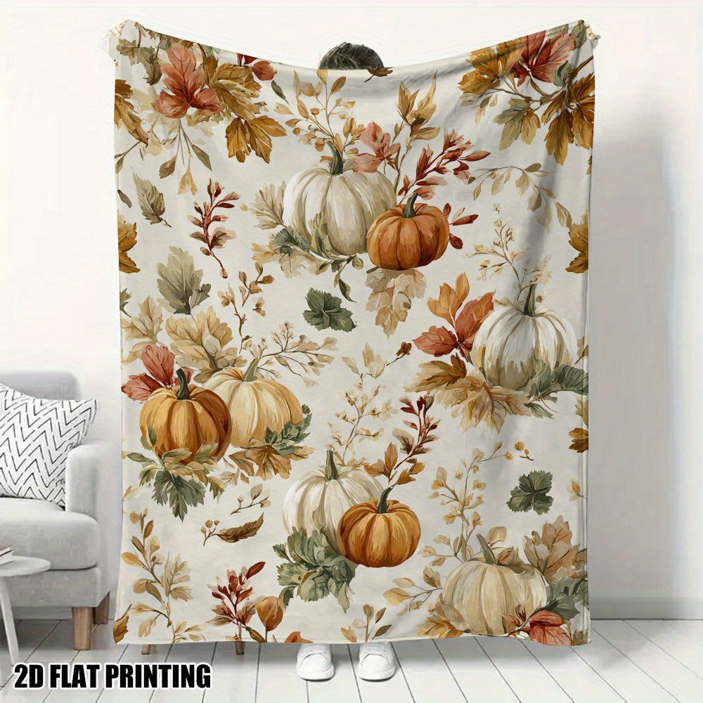 1pc Autumn Pumpkin Floral Pattern Flannel Blanket, Soft Comfortable Warm, Beige And Orange Design, Durable Plush Surface, All-Season Bed Blanket, Warm Cover, Multiple Sizes Available, Suitable for Bedroom, Living Room, Sofa, Balcony