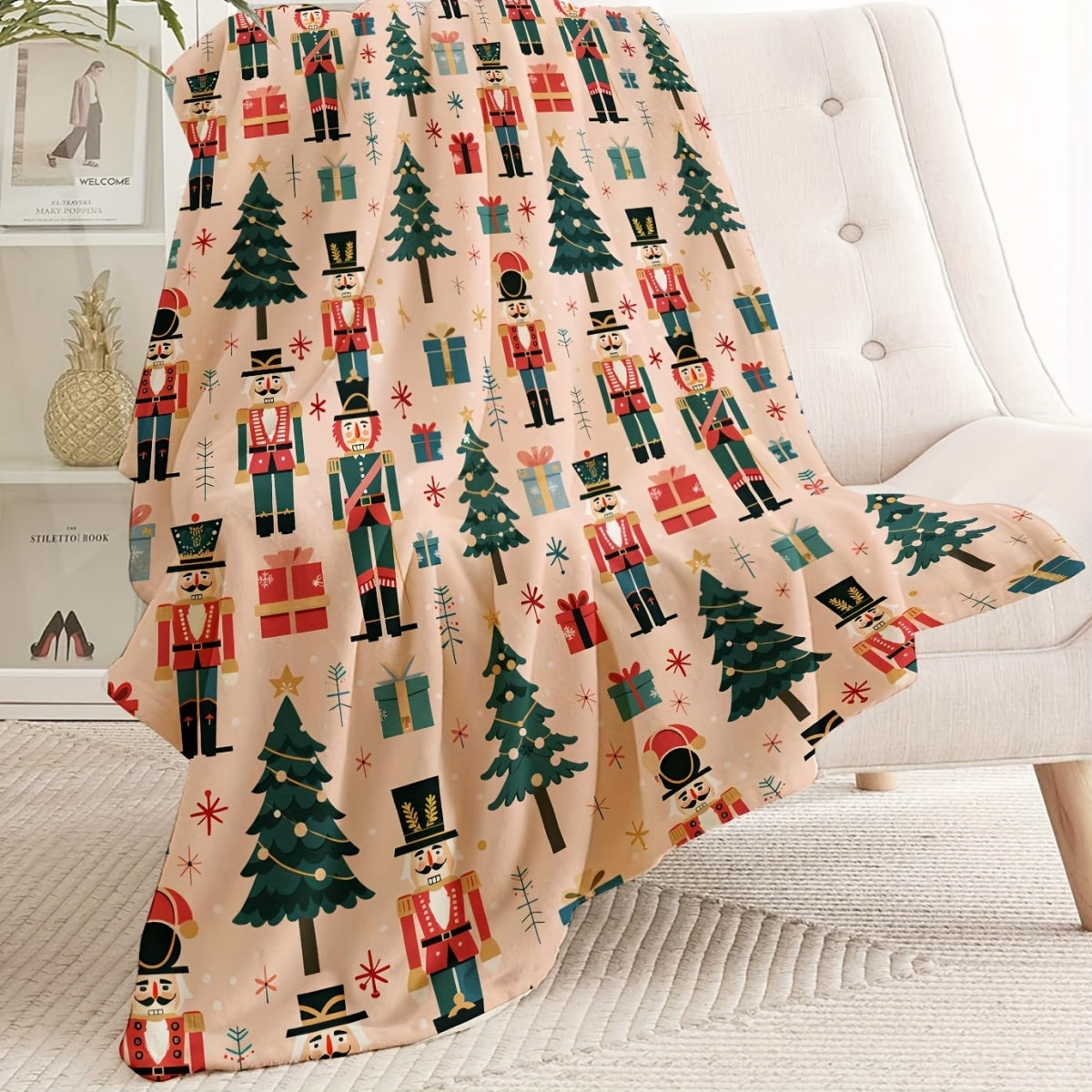 1pc 2D Flat-printed Christmas Nutcracker and Pine Tree Gift Box Pattern Blanket, Soft Flannel Throw, Beige Vintage Design, Suitable for All Seasons, Warm Cover Blanket, Multiple Sizes Available, Suitable for Living Room Sofa, Bedroom Headboard