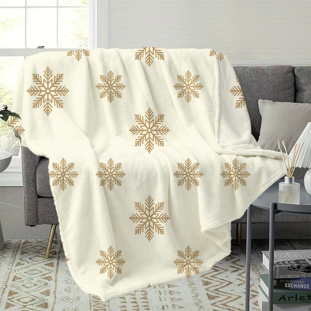 1pc, 1pc Golden Snowflake Pattern Christmas-themed Flannel Blanket, Soft, Comfortable, and Warm, Cream White Design, Durable Plush Surface, All-season Universal Sofa Throw, Warm Lap Blanket, Multiple Sizes Available, Suitable for Living Room Sofas