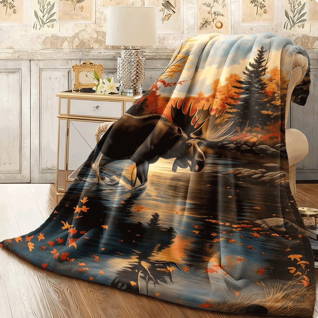 1pc Soft Warm Flannel Throw Blanket Moose in Autumn Forest with Fall Foliage All-Season Couch Office Travel Machine Washable Cozy Gift for Nature Lovers Rustic Cabin Decor in Orange Y