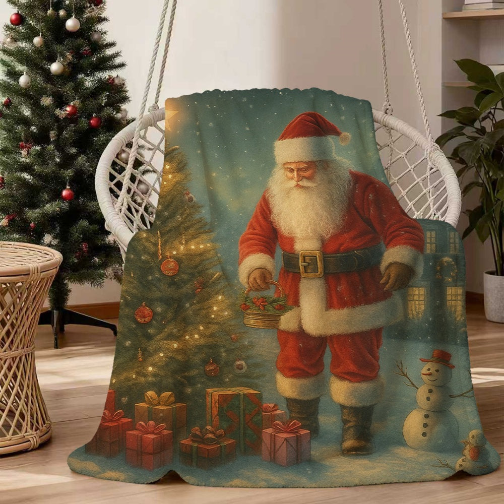 1pc, 2D Flat Santa Claus And Christmas Tree Theme Flannel Blanket, Soft Comfortable Warm, Red And Green Festive Design, Durable Plush Surface, All Seasons, Warm Throw Blanket, Suitable for Reading Time, Dorm Life, Weekend Sofa Nap