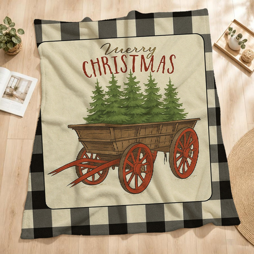 1pc Christmas Wooden Wagon and Pine Tree Pattern Cream Beige Flannel Blanket, Festive Cozy Design, Soft Plush Surface for All Seasons, Suitable for Weekend Sofa Naps, Home Afternoon Naps, and Reading Time