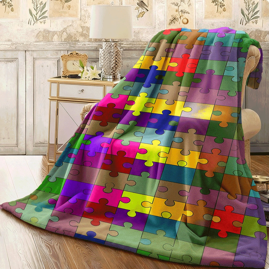 One Colorful Puzzle Design Flannel Blanket, Soft And Versatile, Perfect for Use on a Sofa, During Camping, While Traveling, Or As a Gift, Featuring Bright Mixed Colors for Year-Round Comfort