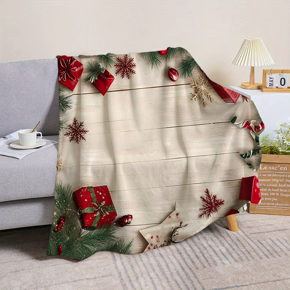 Christmas Gift And Snowflake Pattern, Red And Beige Design Flannel Blanket, Soft Comfortable Warm, All-Season Sofa Blanket, Warm Cover Blanket, Suitable for Living Room Sofa, Bedroom, Casual Reading, Holiday Decor, And Winter Heating