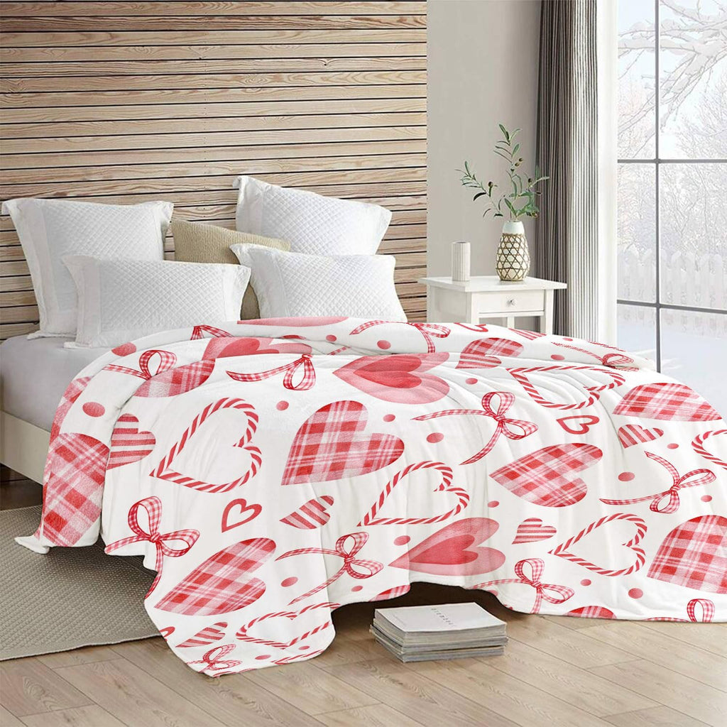 Valentines Day Throw Blanket Pink White Plaid Heart Bow Soft Cozy Flannel Blanket Romantic Valentine's Gift for Her Wife Mom Women Valentine Blankets for Couch Bed Sofa Decor, 50W X 15.85gal