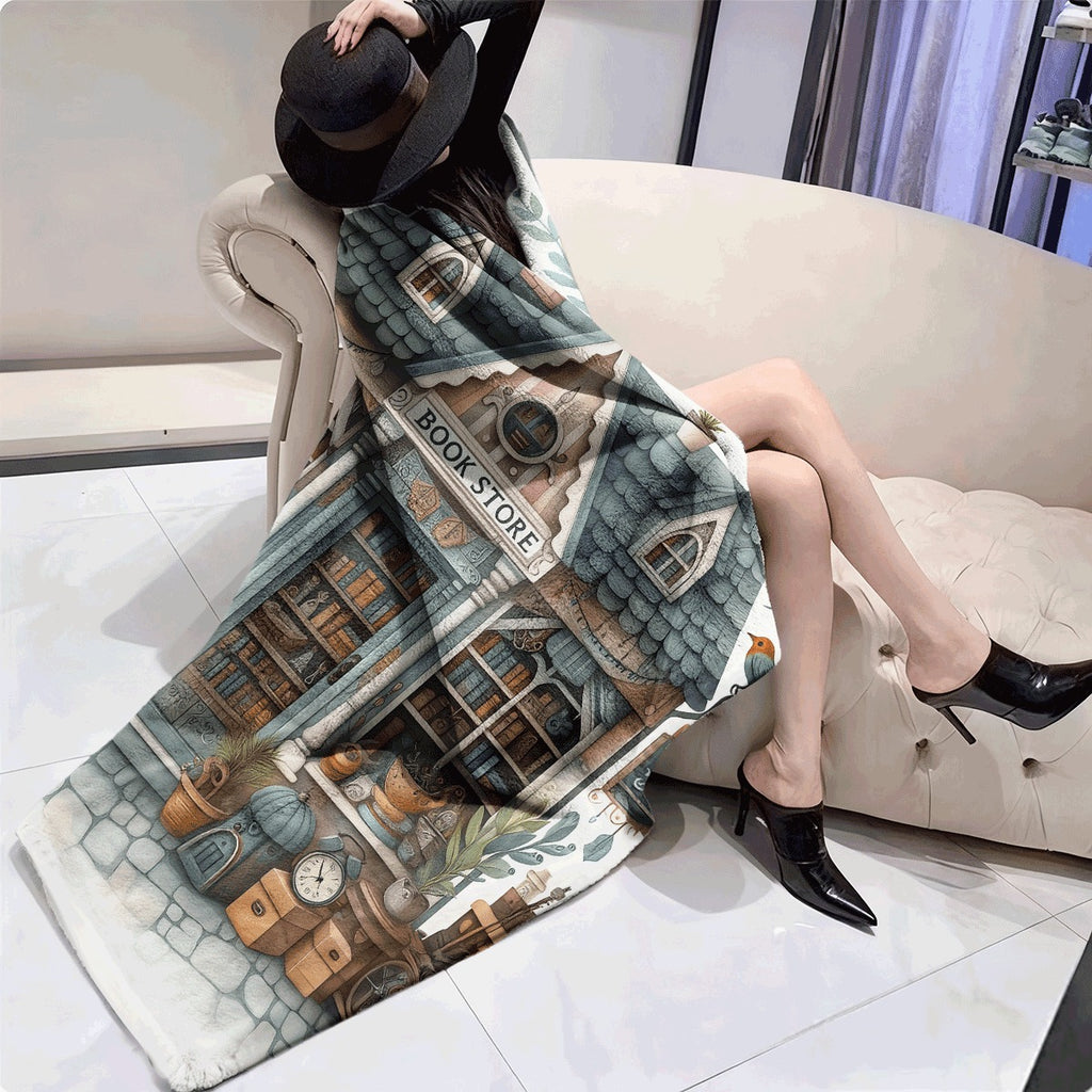 A Cozy Blanket Designed for Book Lovers, Featuring a Bookstore Theme with Bookshelves And Vintage Clocks. This Soft, Flannel-Like Throw Is Suitable for All Seasons And Can Be Used at for Home Or in The Office