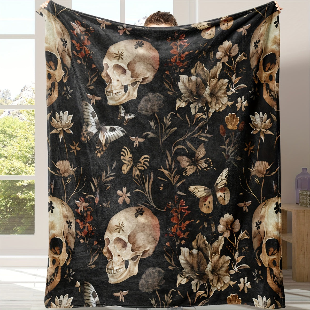 Skull& Floral Flannel Throw Blanket- Soft, Warm, and Cozy for Couch,, Travel, and Office- Versatile All-Season Gift