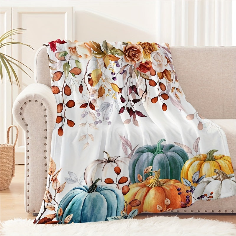 Contemporary Flannel Blanket Featuring a Pumpkin Design for Autumn, Providing Softness And Comfort Throughout The Year. This Versatile Printed Blanket Is Ideal for Travel, Camping, Use on Sofas And Beds, And for Decorating Office Spaces