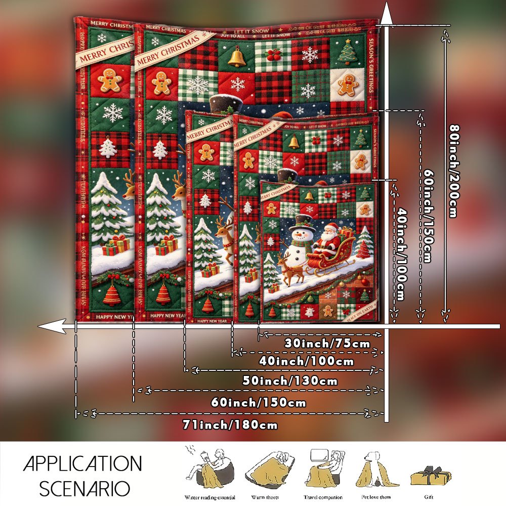 Flat/2D Digital Print Flannel Blanket Cover Blanket, Christmas And New Year Country Patchwork Pattern, Santa Claus Sleigh, Big Snowman, Reindeer, Gingerbread Man Christmas Tree Bell Snowflake Elements, Soft And Warm And Comfortable