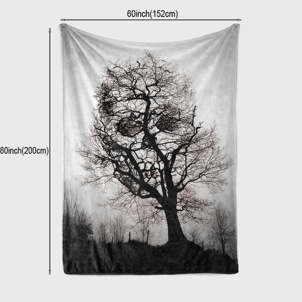 1pc Gothic Skull Tree Print Flannel Blanket- Soft and Warm Throw for Couch, Sofa, Office, Bed, Camping, and Travel- Multipurpose Holiday Gift for Halloween