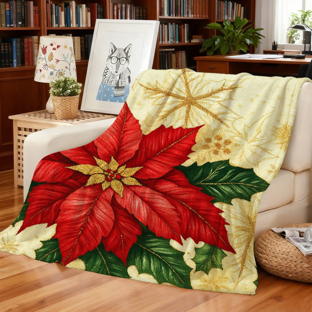 1pc Red Christmas Floral Pattern Flannel Blanket, Cream Beige Base Holiday Decor Design, Soft Plush All-Season Use, Suitable for Weekend Sofa Naps, Home Siesta, And Reading Time