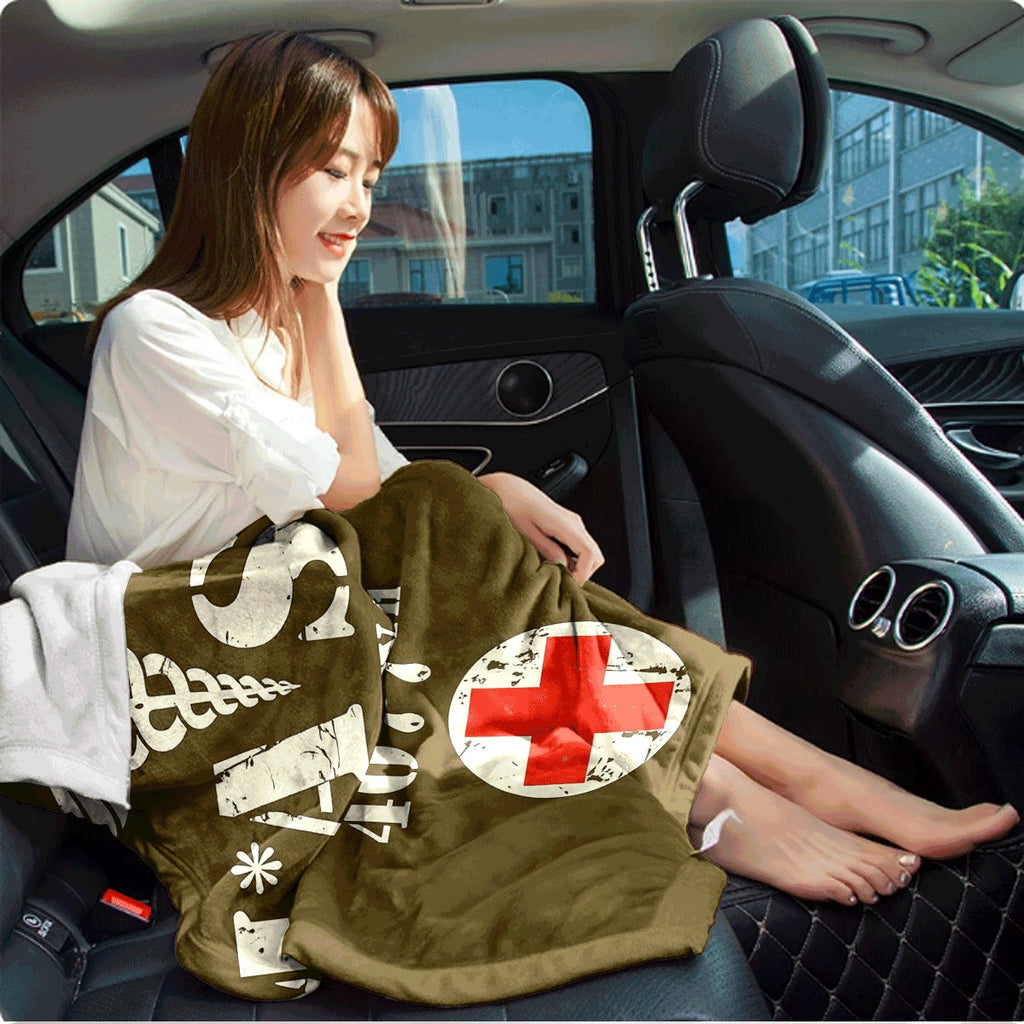 1pc Vintage MASH US Army Medical 4077 Design Flannel Blanket with Caduceus And Red Cross Patterns