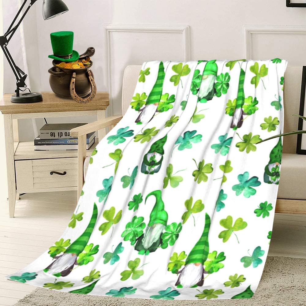 Jbralid St. Patrick'S Day Clover Gnome Throw Blanket in Green, Featuring a Soft, Lightweight, And Durable Flannel Design, Perfect for Decorating Your Sofa, Couch, Or Bedroom. Measures 40X50 Inches