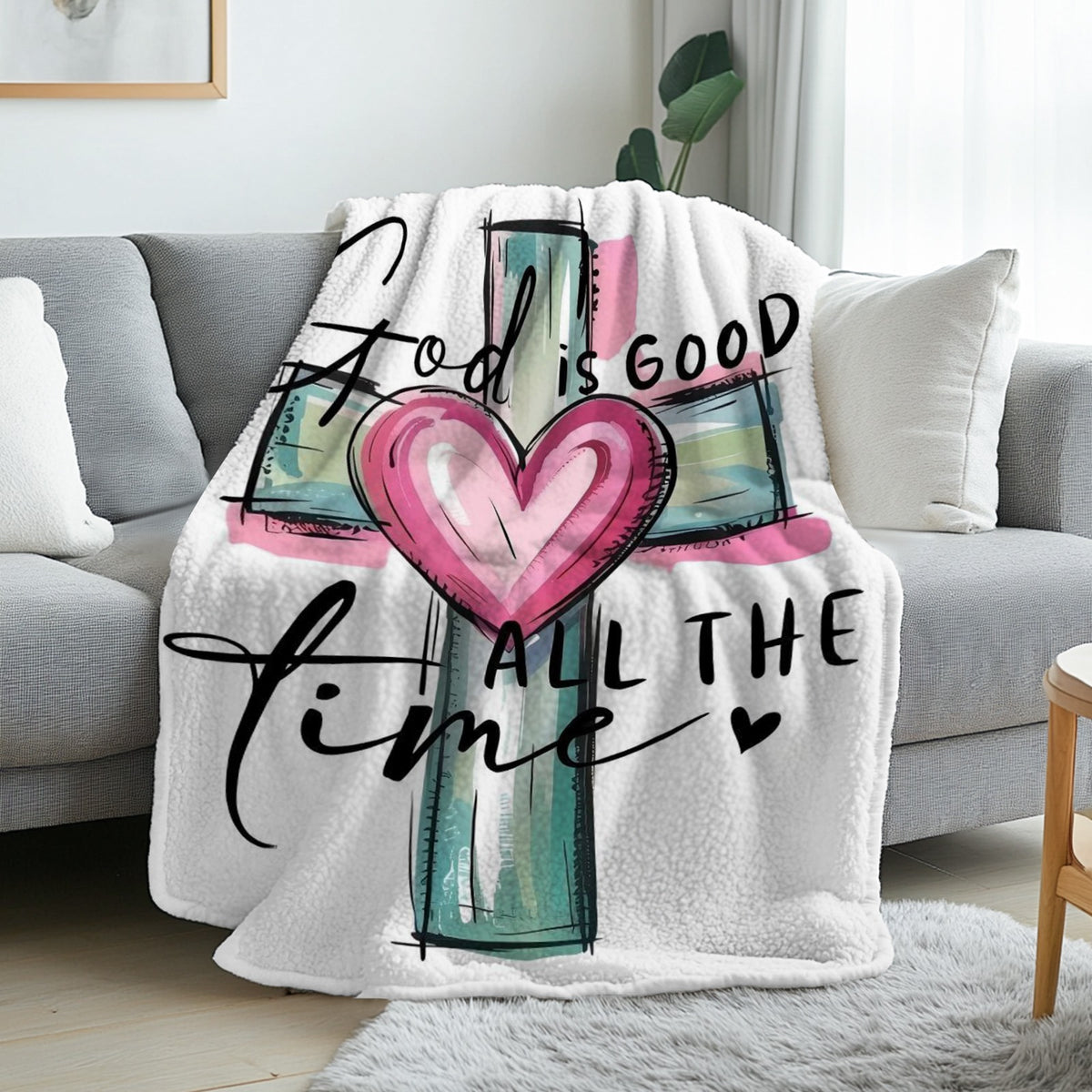 1pc, God Is Good Cross Heart, Soft Flannel Blanket, Warm, Faith Theme Printed Design, Suitable for Living Room, Bedroom, Sofa, All Seasons, Halloween| Christmas| Room Decoration| Autumn Home Decoration, 280Gsm