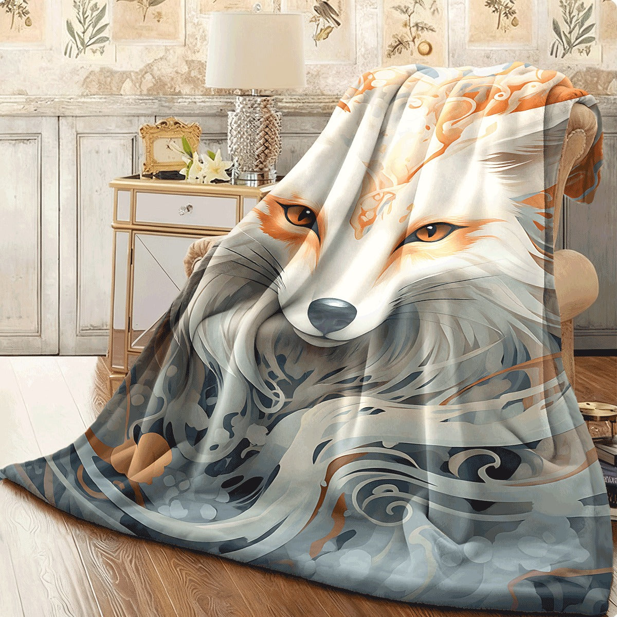 1pc Enchanted White Fox Flannel Blanket Artistic Whirlpool Pattern Ultra Soft Cozy Warm Throw for Sofa All-Season Comfort Stylish Home Decor