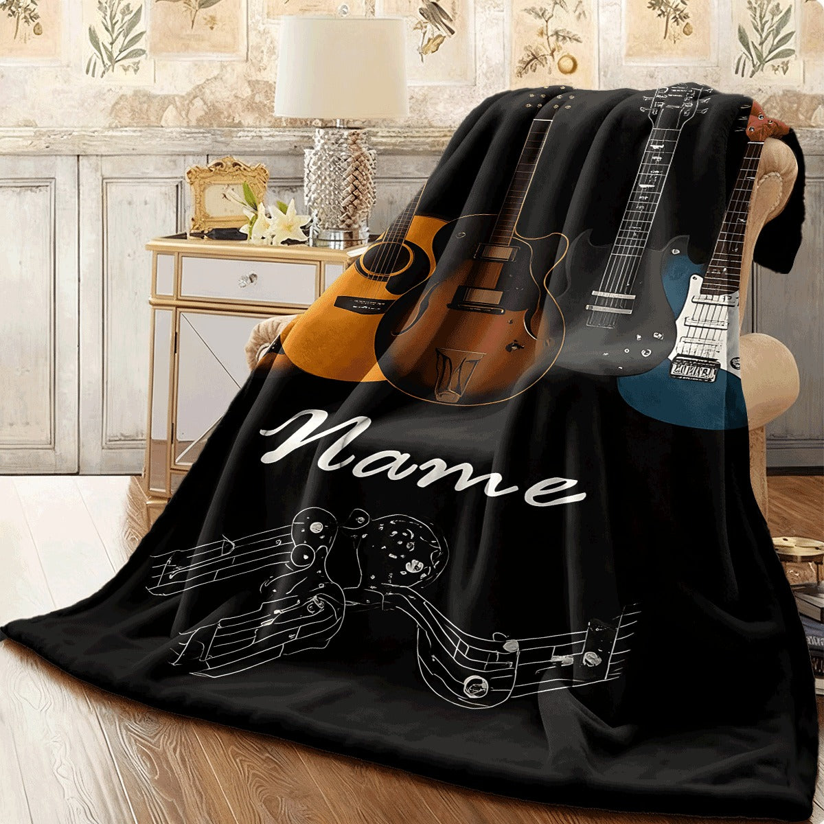 1pc [Flannel Blanket] Music Theme Throw with Colorful Guitars And Musical Notes Print Cozy Soft Flannel Material for Couch All-Season Use Perfect Gift for Music Lovers