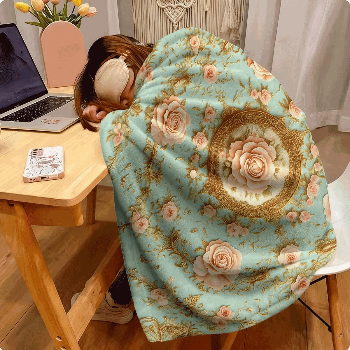 1pc Luxury Pastoral Flannel Blanket Light Blue with 3D Pink Roses & Golden Ornate Pattern Soft & Warm Throw for Sofa Cozy All-Season Decorative Blanket