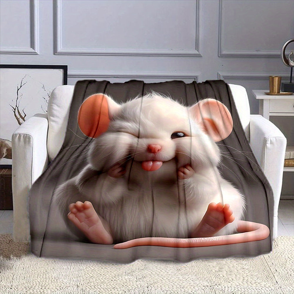 1pc 2D Flat-printed Cute Mouse Sticking Out Tongue Themed Blanket, Soft Flannel Throw¡ªdark Gray Design, Multiple Sizes Available, Suitable for Living Room, Bedroom, Sofa,, and Leisure Reading, 2D Flat