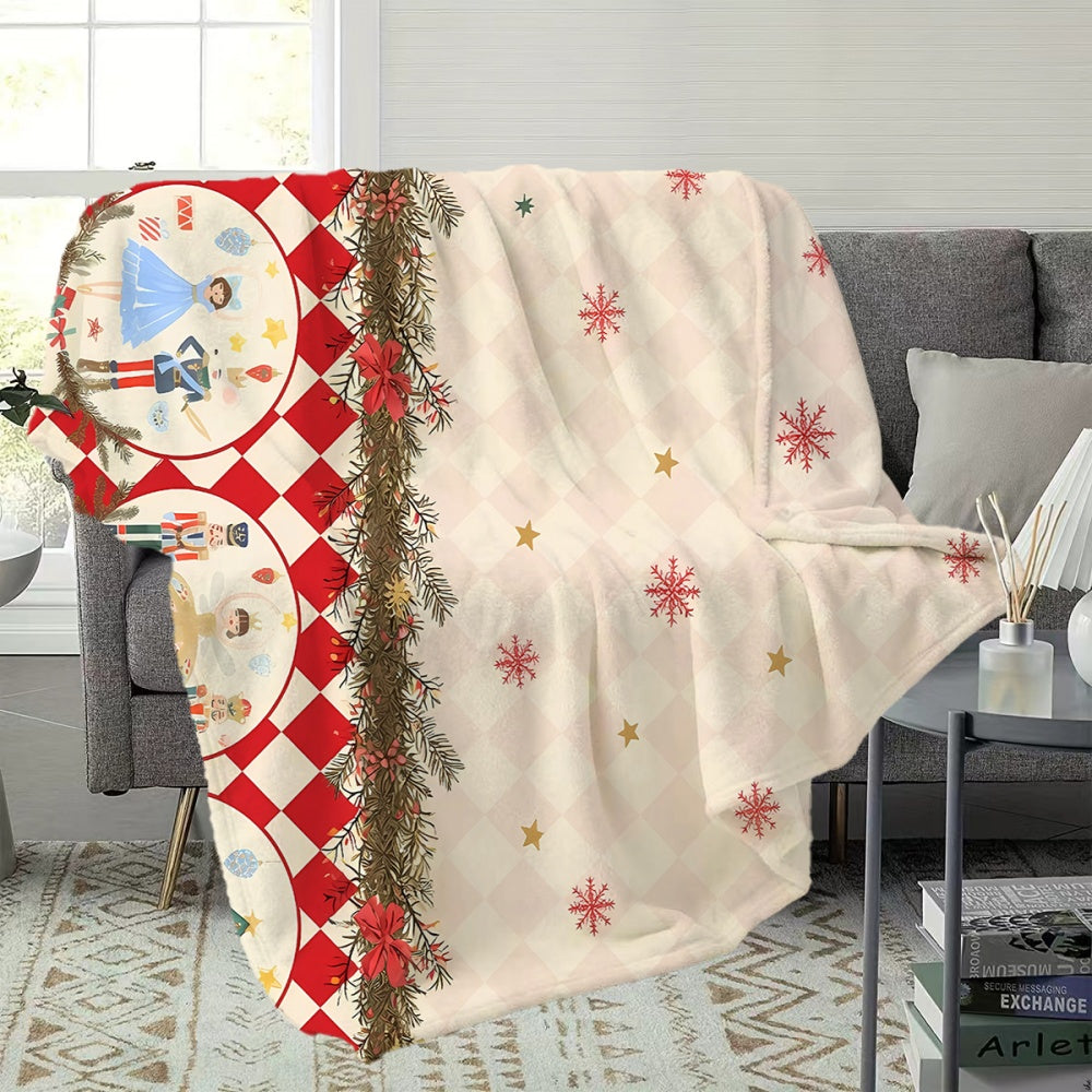 1pc Christmas-Themed Flannel Blanket, Soft And Warm, Red White Checkered with Golden Stars Design, All-Season Sofa Blanket, Warm Throw Blanket, Multiple Sizes Available, Suitable for Living Room Sofas, Bedroom, Reading Corners, Leisure Time