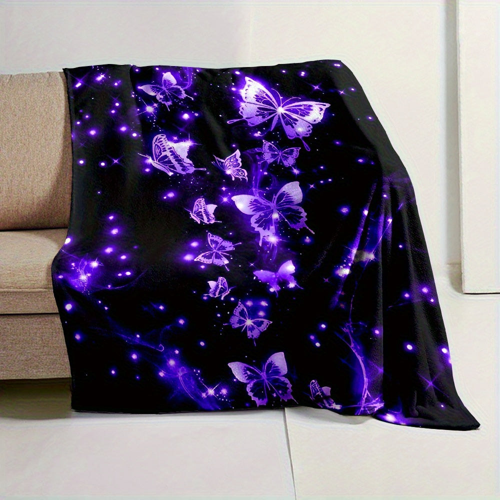 Glow-in-the-Dark Purple Butterfly Flannel Blanket - UV Glow Bedspread Suitable for Bed, Couch, Dorm - 280gsm All-Season Soft Throw with & Purple Glow Under Blacklight, Nighttime Comforter