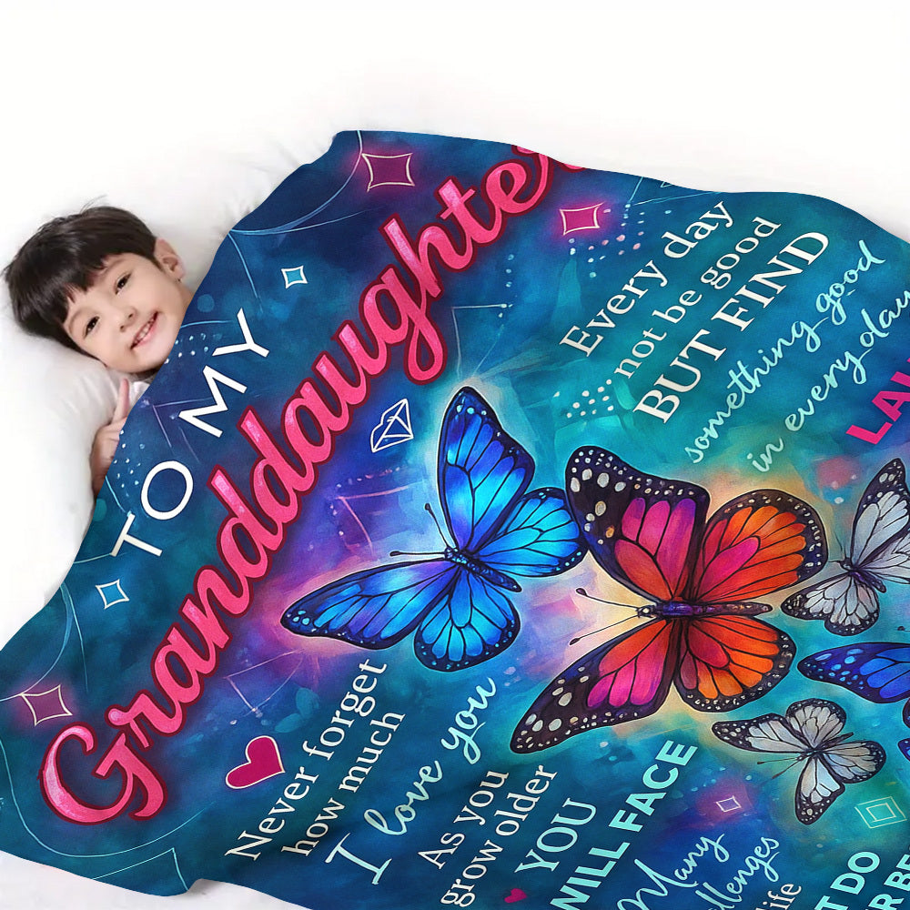 1pc Granddaughter Inspirational Blanket- Soft Flannel Throw with Granddaughter's Name, Birthday/Graduation Gift- Cozy or Travel Companion- Motivational Granddaughter Present for Women- All-Season Keepsake, Butterfly Design