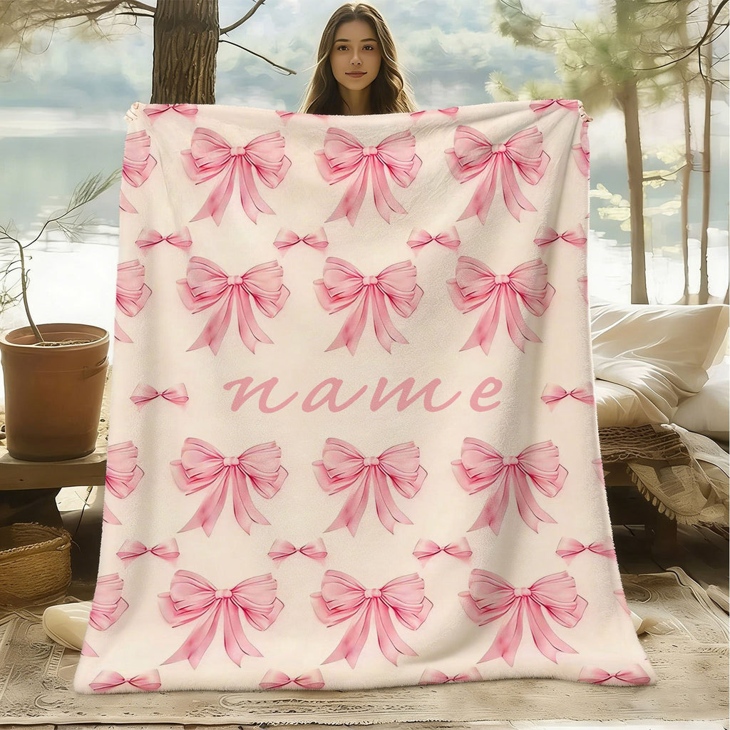 Personalized Custom Name Blanket, Pink Bow Fleece Blanket, Gift for Outdoor Enthusiasts, All-Season Plush Blanket, Suitable for Home And Travel, Comfortable Personalized Blanket, Ideal Holiday Gift for Family And Friends