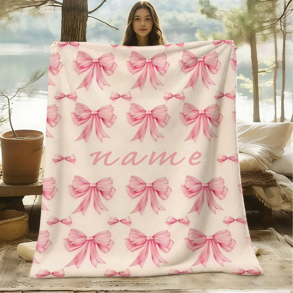 Personalized Custom Name Blanket, Pink Bow Fleece Blanket, Gift for Outdoor Enthusiasts, All-Season Plush Blanket, Suitable for Home And Travel, Comfortable Personalized Blanket, Ideal Holiday Gift for Family And Friends