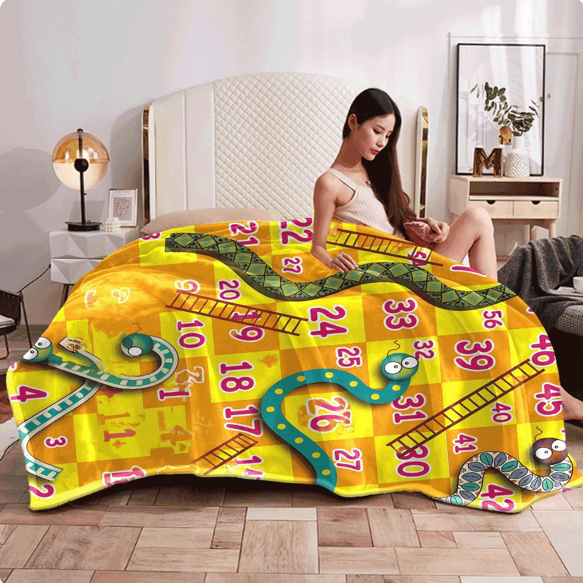 1pc Cozy Cartoon Snake And Number Board Game Flannel Throw Blanket Soft Reversible All-Season Comfort for Sofa Camping Machine Washable