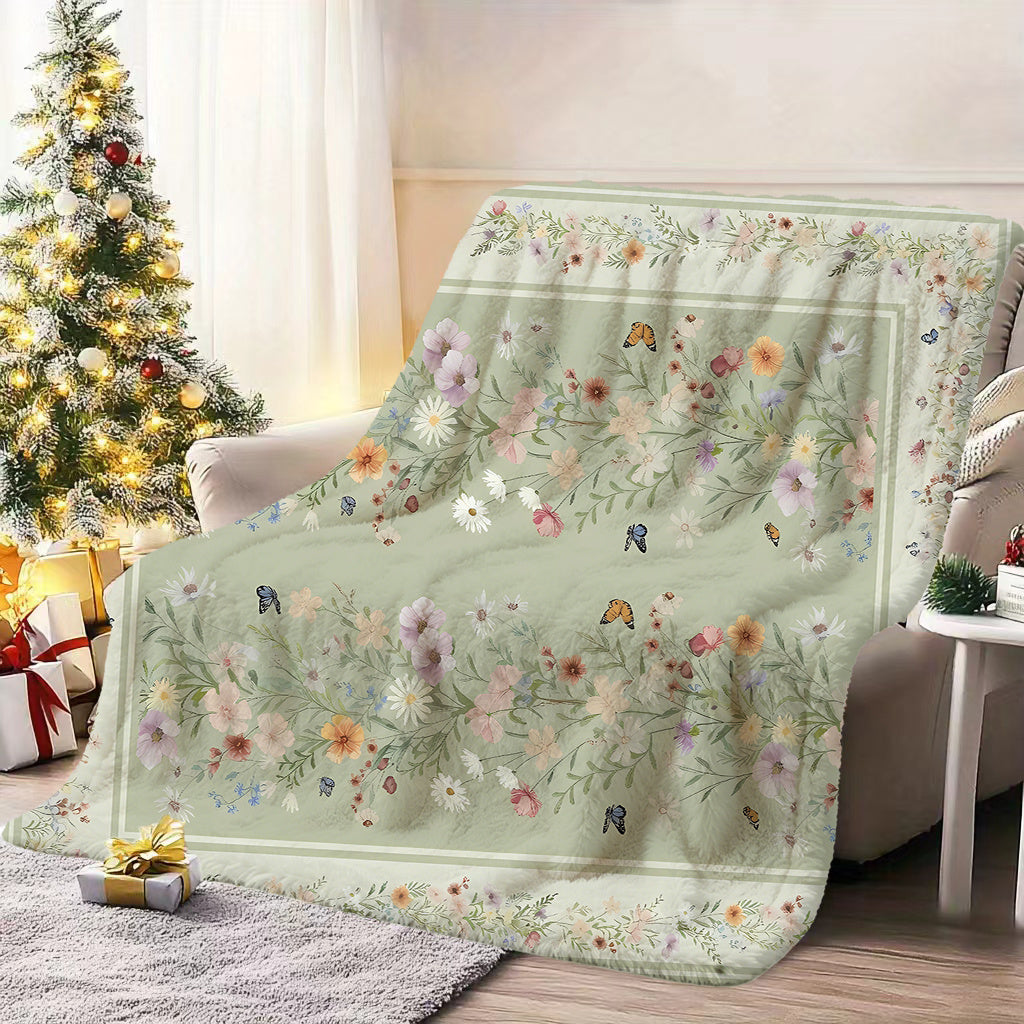 1pc Floral Butterfly Pattern Blanket, Pastoral Style Design, Soft Plush Surface, Lightweight and Durable Flannel Material, Multiple Sizes Available, Ideal for Holiday Decor, Living Room Leisure, Bedroom Warmth, Study Reading, Seasonal Home Decor