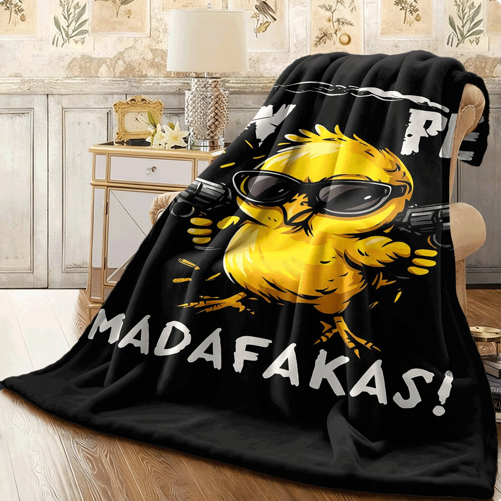 A Single Soft Polyester Throw Showcasing a Yellow Chick with Glasses And Guns, Ideal for Any Season, Adaptable for Multiple Purposes, Perfect for Birthdays, Celebrations, And Home Decor