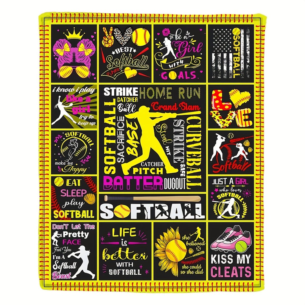 1pc Ultra-Soft & Warm Reversible Flannel Softball Blanket - Cozy Throw for Softball Fans, Perfect Gift for Girls, Boys & Adults - Vibrant Champagne with Playful Softball Designs, Sports Fan Gift | Reversible Blanket | Flannel Fabric
