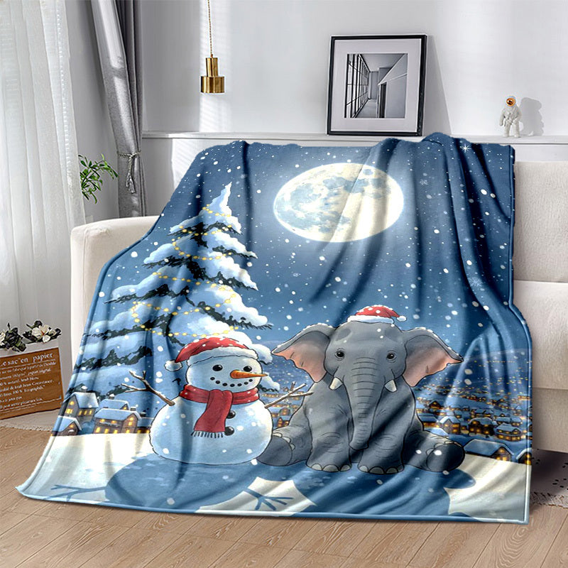 1pc 2D Printed Fleece Christmas Theme Blanket, Snow And Elephant Design - Soft, Warm, And Comfortable, Lightweight And Durable, Multiple Sizes Available, Ideal for Christmas, Outdoor Courtyard, Holiday Parties, Winter Leisure