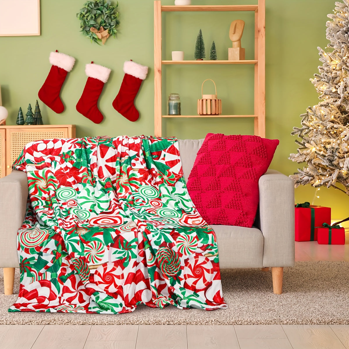 1pc Christmas Blanket Activation, Colorful Lollipop Pattern, Soft Flannel Blanket, Christmas Gift