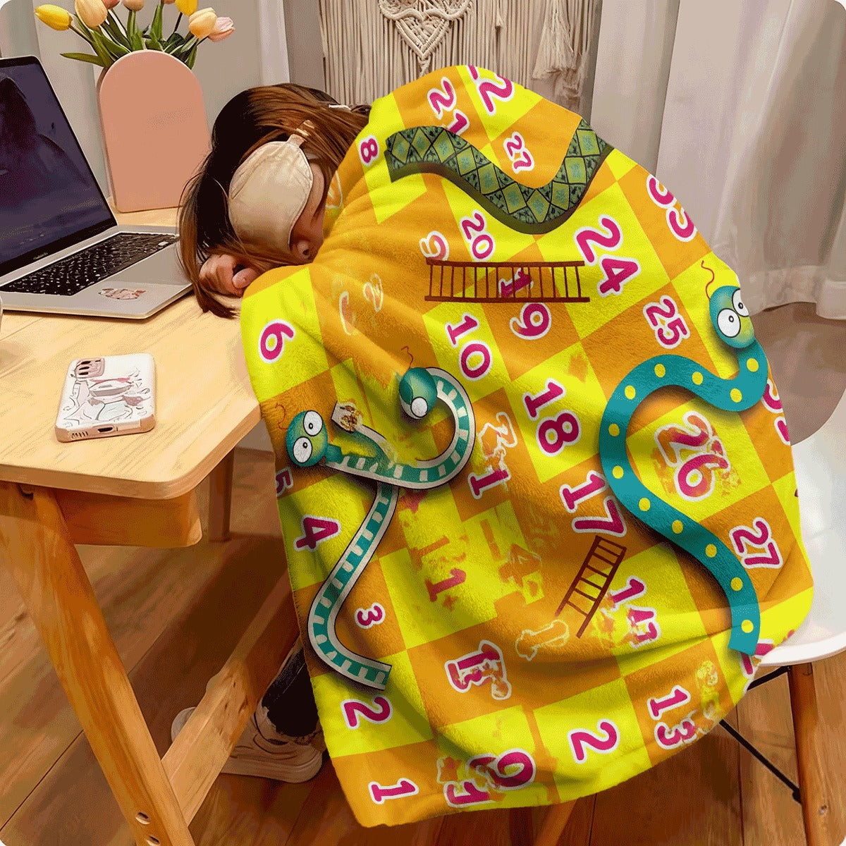 1pc Cozy Cartoon Snake And Number Board Game Flannel Throw Blanket Soft Reversible All-Season Comfort for Sofa Camping Machine Washable