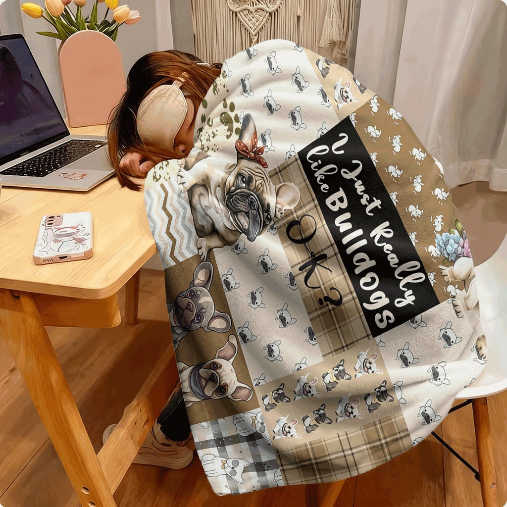 1pc Flannel Blanket with French Bulldog Pattern Soft and Comfortable Patchwork Design Multicolor Decorative Throw for Sofa and Room