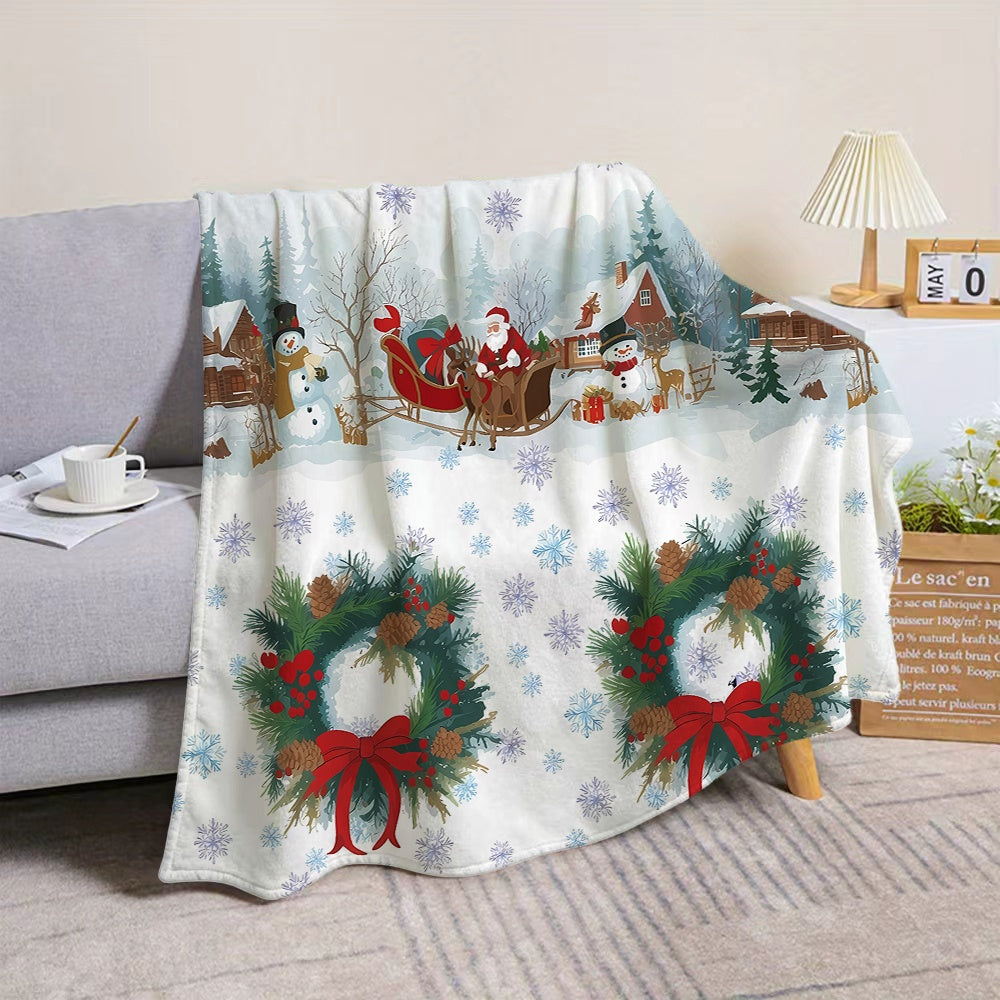 1pc Christmas Snowy Scenery And Wreath Pattern Flannel Blanket, Soft Comfortable Warm, White Background Design, All-Season Sofa Blanket, Warm Cover, Multiple Sizes Available, Suitable for Living Room Sofas, Bedroom, Office Rest, Holiday Decor