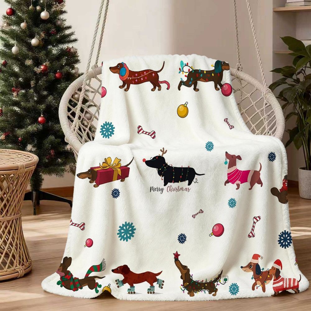 1pc Christmas Sausage Dog Pattern Flannel Blanket, Soft Comfortable Warm, White Festive Design, All-Season Sofa Blanket, Warm Throw Blanket, Multiple Sizes Available, Suitable for Living Room Sofa, Bedroom, Reading Corner, Leisure Time
